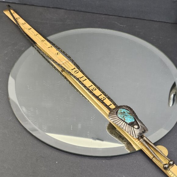 Navajo Turquoise Sterling Bolo Tie Heavy Native American Hallmarked ? Read - Picture 11 of 14